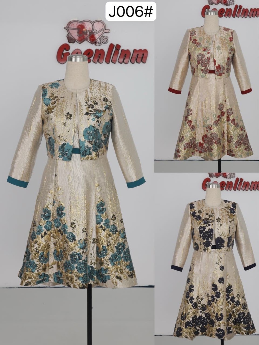Floral Jacquard A-Line Coat Dress with Cropped Jacket - Teal/Beige